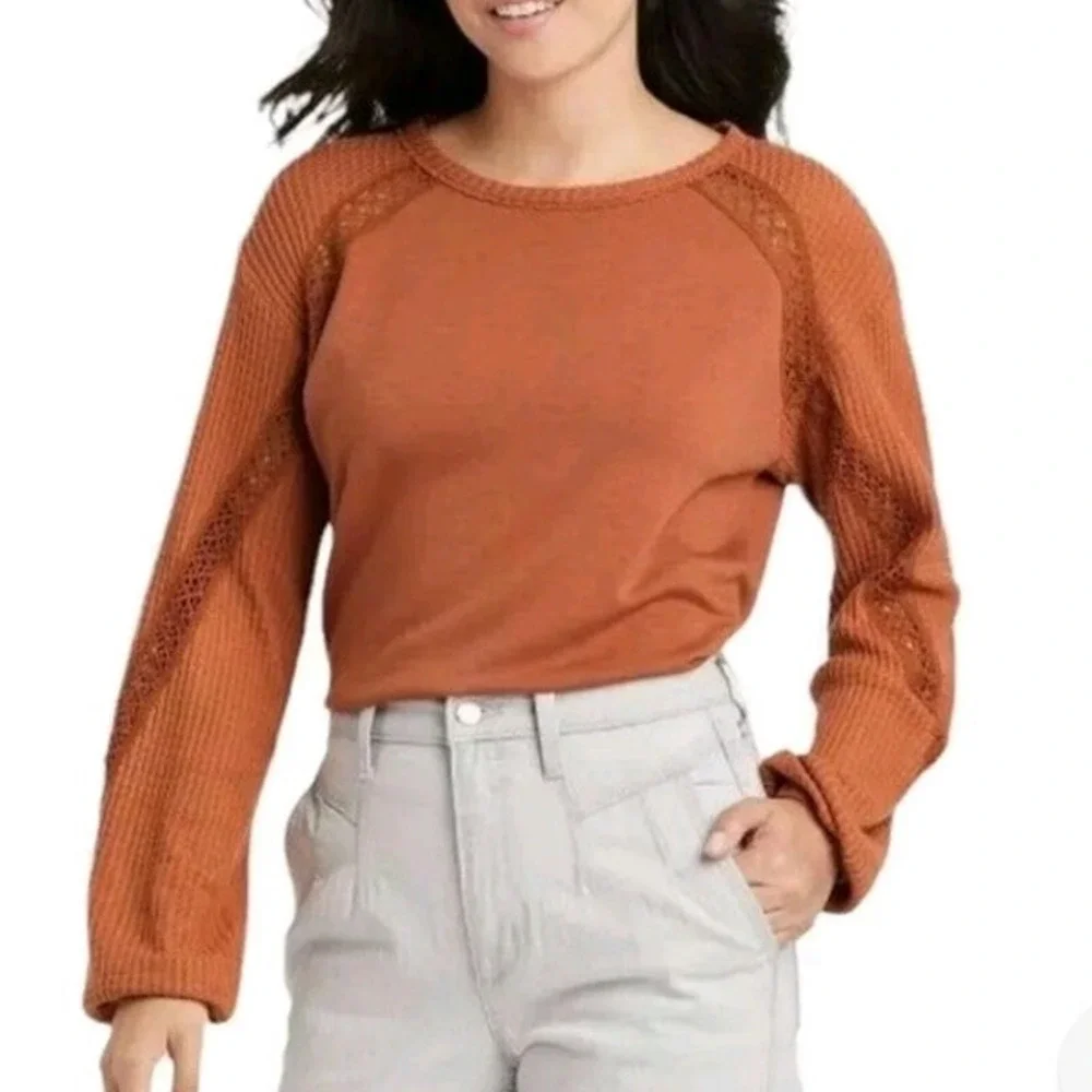 Knox Rose Lace Waffle Knit Thermal Top M Burnt Orange Sweater Earthy Neutral NWT